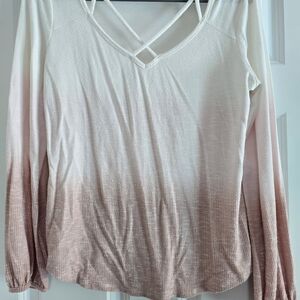 Maurices Cream and White Asymmetrical Long Sleeve Blouse